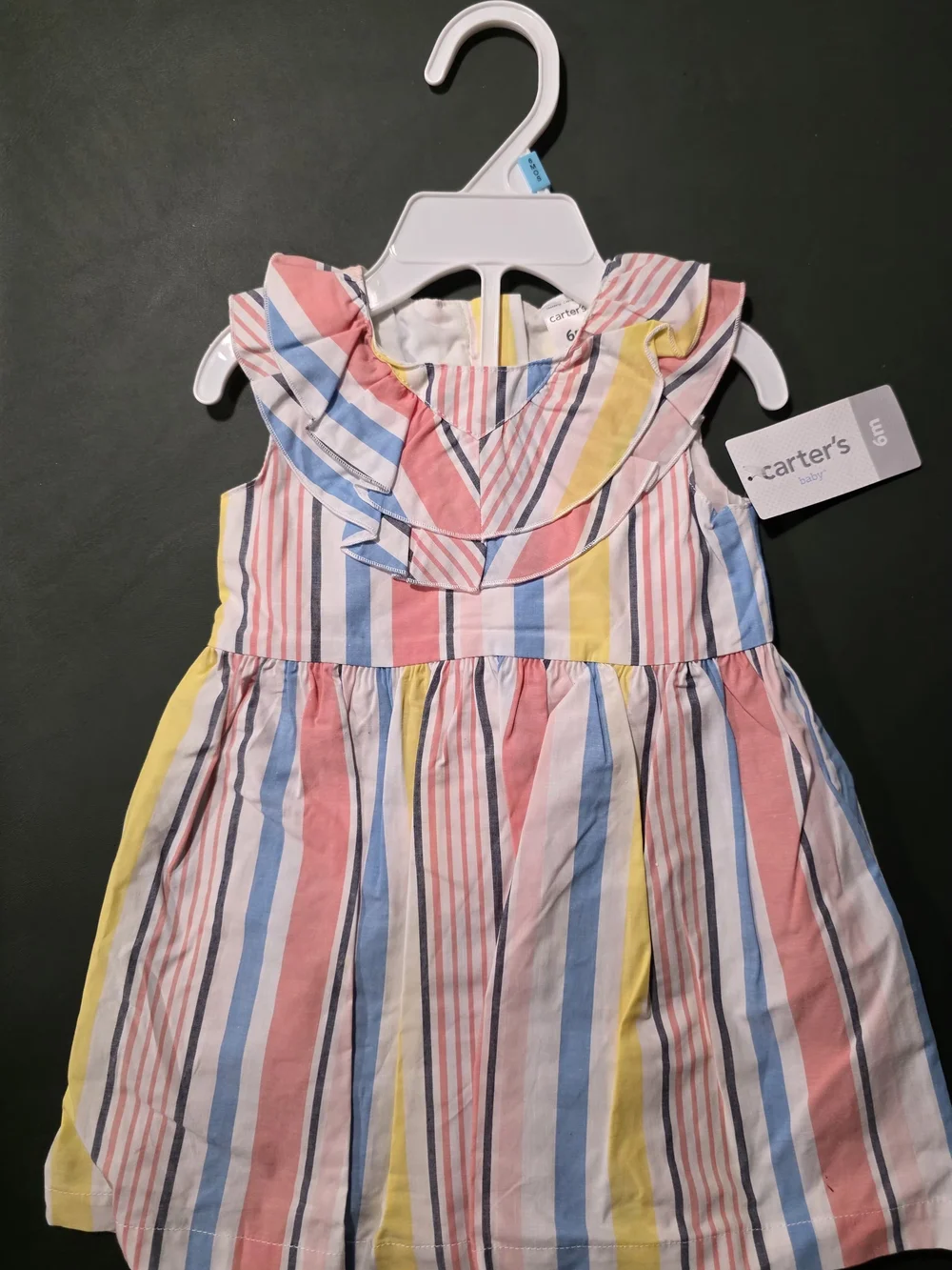 Carter's Striped Ruffle Neck Dress - Pink, Blue & Yellow